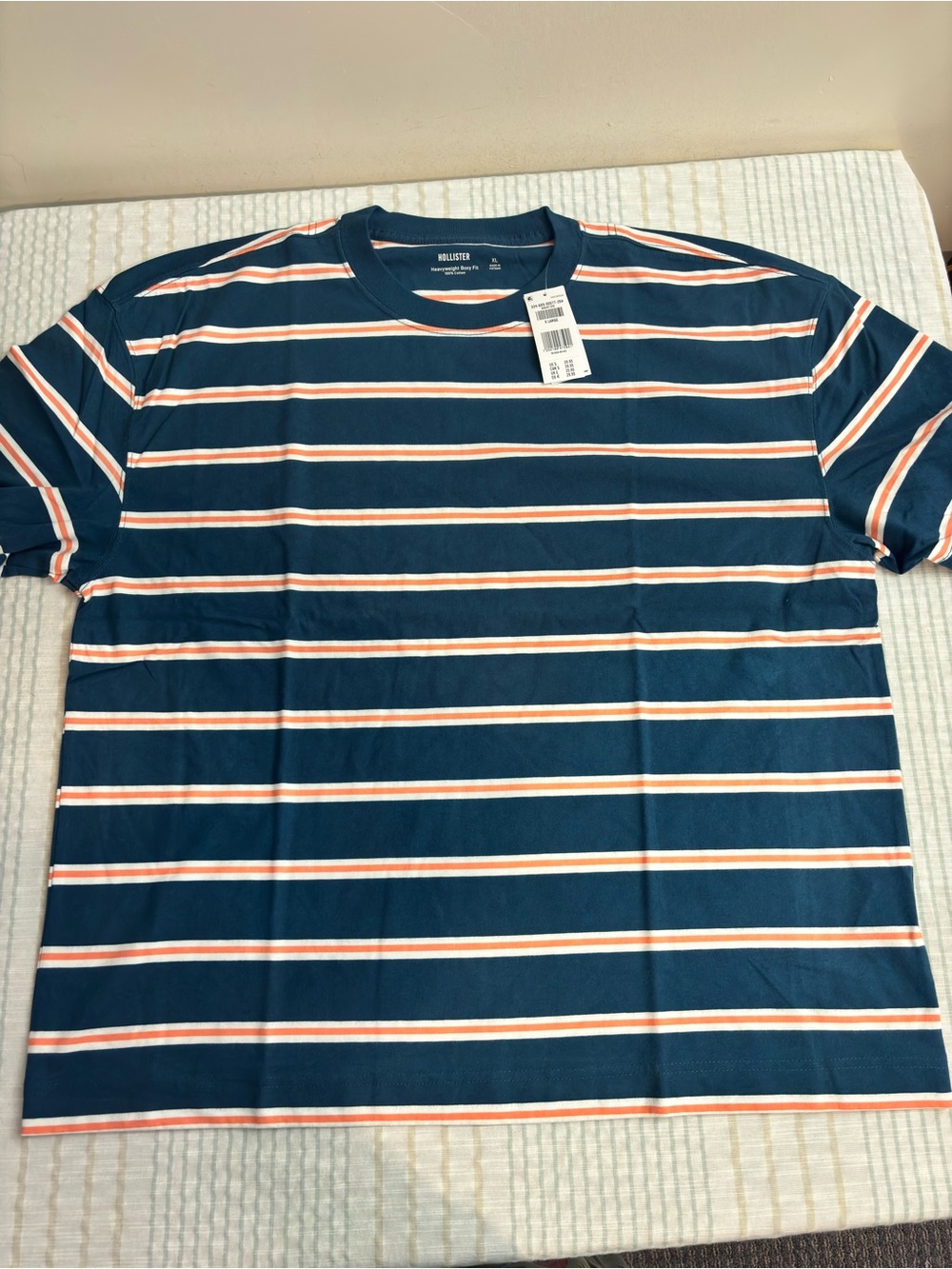 Hollister Navy, White & Coral Striped Crew Tee